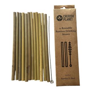 Cherish Planet Large Organic Bamboo Reusable Drinking Straws - Set of 12