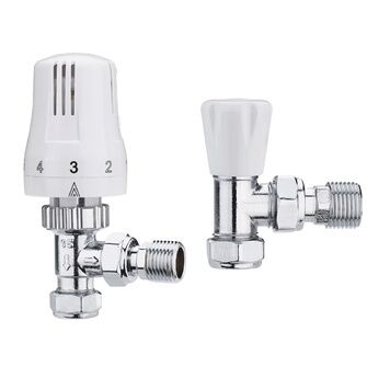 Myson White &amp; Chrome Angled TRV &amp; Lockshield Set – 15mm