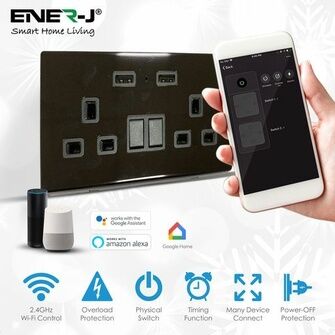 ENER-J Smart WiFi 13A WiFi Twin Wall Sockets with 2 USB Ports (Black)