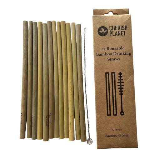 Cherish Planet Large Organic Bamboo Reusable Drinking Straws - Set of 12