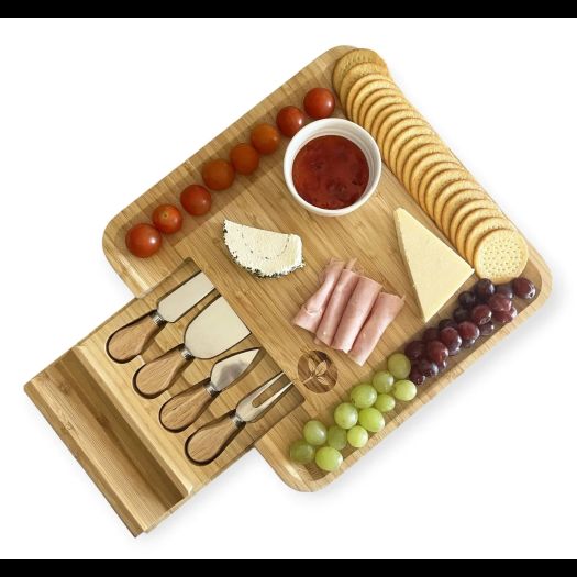 Cherish Planet 100% Bamboo Wooden Cheese Board With Drawer &amp; Knives Set
