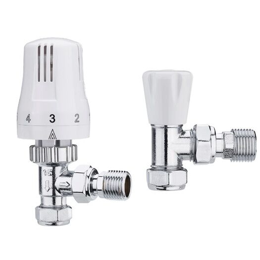 Myson White &amp; Chrome Angled TRV &amp; Lockshield Set – 15mm
