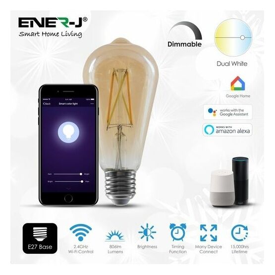 ENER-J Smart WiFi CCT Changing & Dimmable Amber Glass ST64 LED Lamp E27 8.5W (selling in packs of 3)