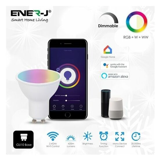 ENER-J Smart WiFi GU10 LED Lamp 5W, RGB+W+WW, Dimmable (selling in packs of 3)