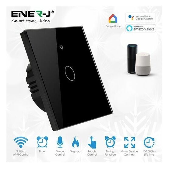 ENER-J Wifi Smart 1 Gang Touch Switch, No Neutral Needed, Black Body
