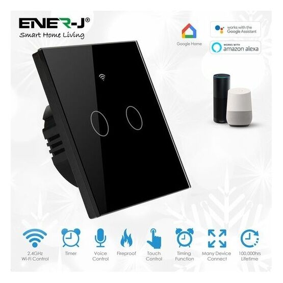 ENER-J Wifi Smart 2 Gang Touch Switch, No Neutral Needed, Black Body